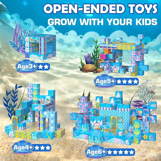 Magnetic Building Blocks Set, 140PCS Light-Up Undersea Kingdom Magnetic Tiles & Magnet Cubes, STEM Montessori Construction Toys for Boys & Girls Age 3 4 5 6 7 8, 2025 Upgraded Christmas Birthday Gift