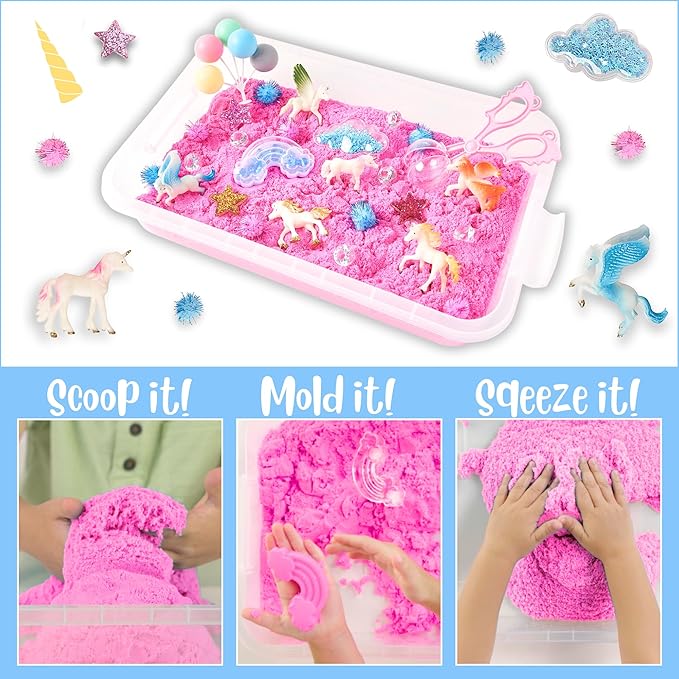 Premium 38 PCS Unicorn Sensory Sand Bin-2 lb Magic Sand, Sensory Bin for Toddlers & Sand Scooper-Count Sparkly Pom-Poms, Bring Unicorns to Life - Ideal Gift for Kids