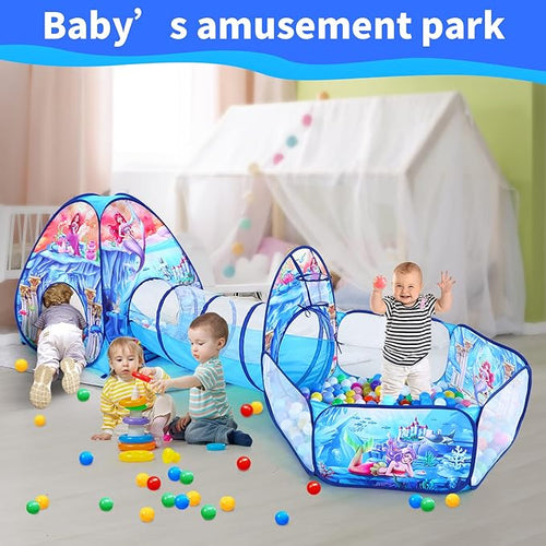 3 in 1 Kids Mermaid Play Tent for Toddler with Baby Ball Pit and Play Tunnel, Children Indoor Outdoor Playhouse with Crawling Tunnel Toy for Toddlers (3pc Mermaid Ball Pit)