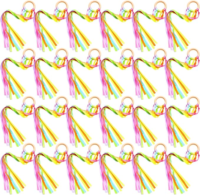 Junkin Ribbon Rings Hand Kite Waldorf Toys Dancing Wrist Ribbons Rainbow Streamers with Wood Ring Educational Toy for Playroom Dancing Birthday Party Gift(Fresh,24 Pcs)