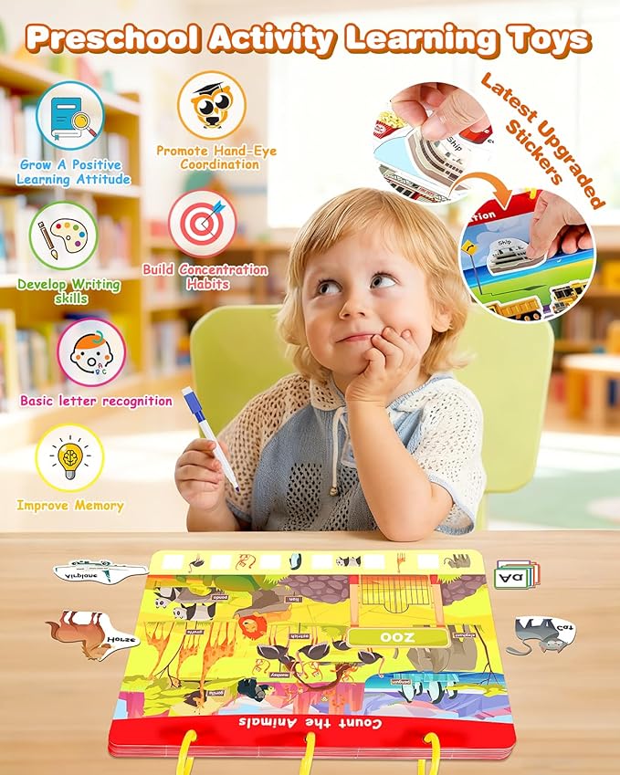 Montessori Busy Book & Tracing Activity Coloring Books & Jelly Stickers 3-in-1 for Toddlers 3-5, Preschool Learning Activities Book with 35 thems ,Autism Sensory Toys, Travel Christmas Birthday Gifts