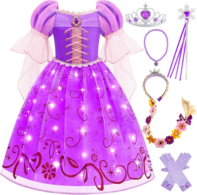 Light Up Princess Dress for Girls Purple Lighted Princess Costume Fancy Halloween Dress Up Cosplay Party Carnival