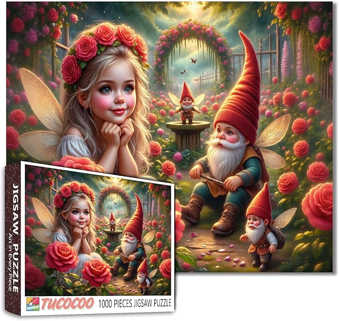 Tucocoo Elf Girl 1000 Piece Jigsaw Puzzle for Adults, Fairy Garden with Gnomes and Roses, Whimsical Fantasy Scene Puzzles for Relaxation and Home Decor, Challenging Puzzle Gift for Women, Teens
