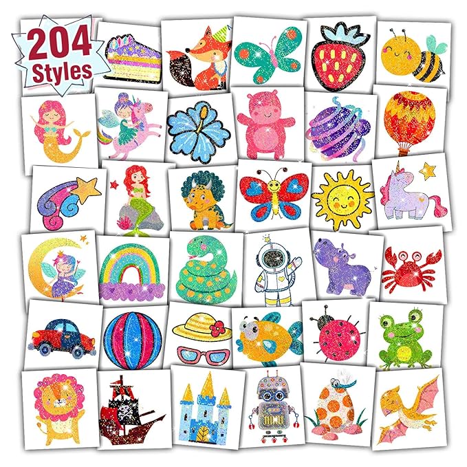 Partywind 204 Glitter Styles Individually Wrapped Sheets Kids Fake Tattoos, Birthday Surprise for Boys and Girls Party Supplies Favors, Waterproof Tattoo Stickers for Goodie Bag Stuffers