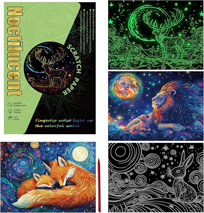 Glow in The Dark Scratch Art Paper,4 Sheets Rainbow Noctilucent Scratch Painting Kit for Adults & Teens,DIY Art Craft (Starry Animals)