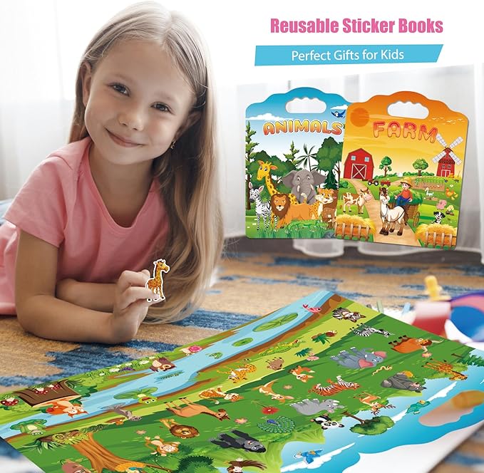 4 Set Reusable Sticker Books for Toddlers 2-4 Years, Reusable Toddler Sticker Book, Kids Puffy Activity Books Set Include Princess,Animal,Farm,Vehicles