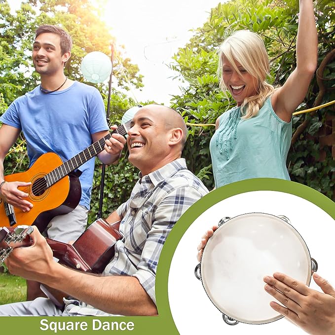 Musfunny Tambourine Hand Held Drum with Double Row Jingles, 8 inch Tambourines Metal Bell Hand Percussion for Adults Church Party (8 inch Natural)