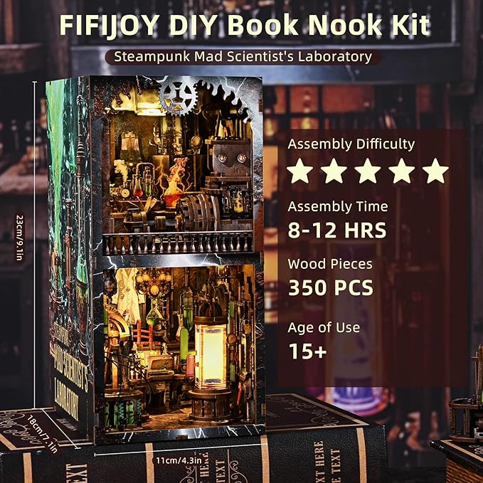 Book Nook Kit, DIY Miniature Dollhouse Booknook Kit, 3D Wooden Puzzle Bookend Bookshelf Insert Decor with LED Light for Teens and Adults (Steampunk Mad Scientist Laboratory)