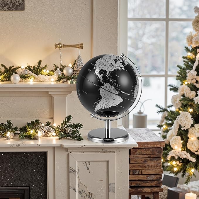 8" World Globe, Black Earth Globe with Silver Accents, Metal Stand, Non-slip Base & Time Zone, Decorative Tabletop Desk Globes for Classroom, Office & Home