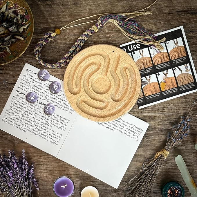 Mindful Breathing Boards with Guiding Book, Decorative Rope, Wooden Finger Maze for Learning Clam Down, Concentration, Stress Relief, Meditation, Home Decor