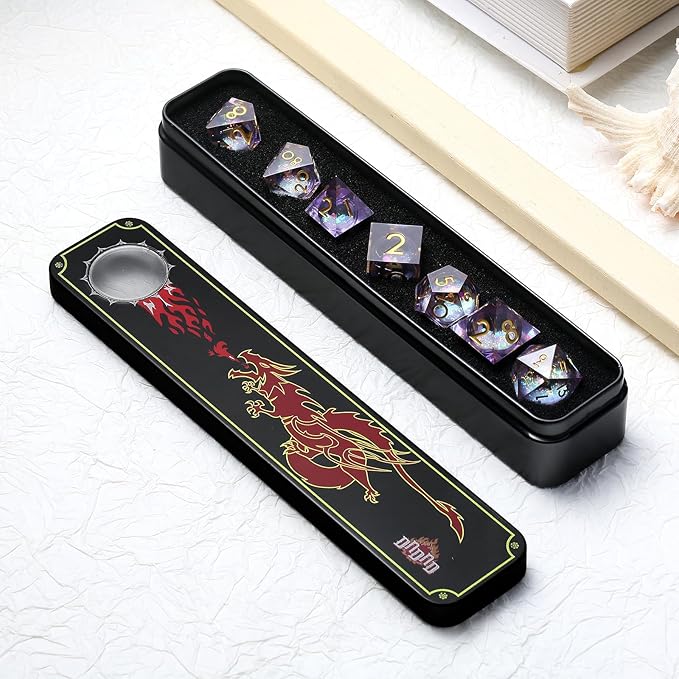 Lilac Liquid Core DND Sharp Dice,DNDND 7PCS Glitter Sparkle Sharp Edge D&D Dice with Gift Case for Dungeons and Dragon Game (Lilac)