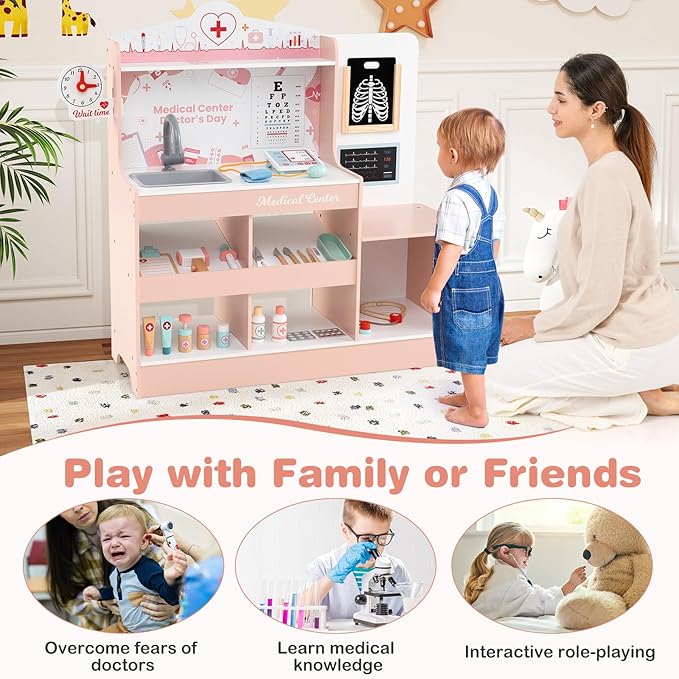 HONEY JOY Kids Wooden Doctor Play Set, 2 In 1 Checkup Medical Office Center & Vet Clinic Station, Exam Area & Interactive Accessories, X-Ray, Toddler Pretend Hospital Playset Kit for Boys Girls (Pink)