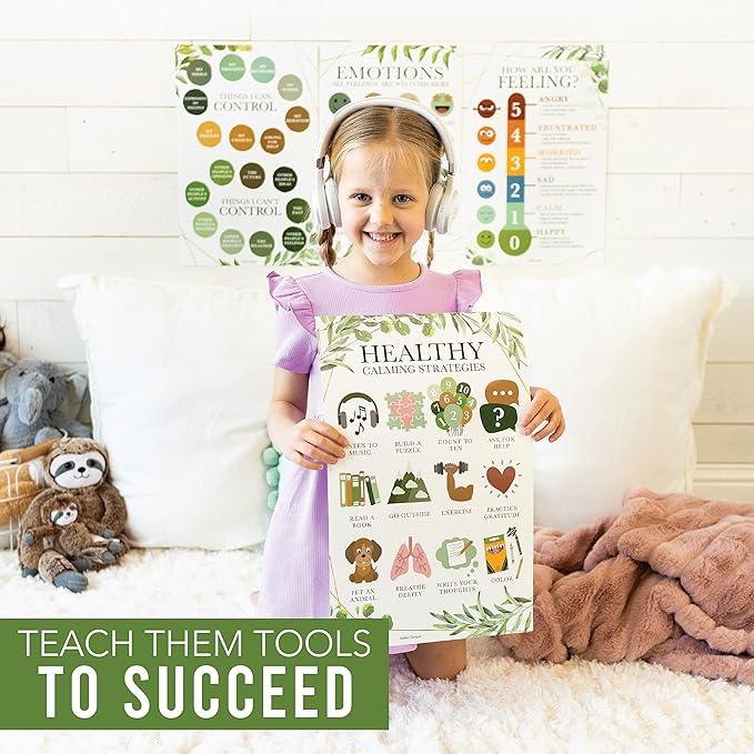 Hadley Designs Feelings Chart For Kids Ages 4-8 - Emotions Chart For Toddlers 3-5, Counseling Feelings Posters For Classroom Calming Corner, Social Emotional Learning Posters, Greenery Classroom Decor