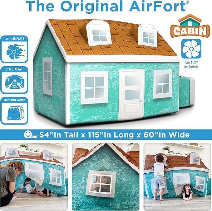 The Original Patented AirFort - Build A Fort in 30 Seconds, Inflatable Fort for Kids, Play Tent for 3-14 Years, A Playhouse Where Imagination Runs Wild, Fan not Included (Cabin)