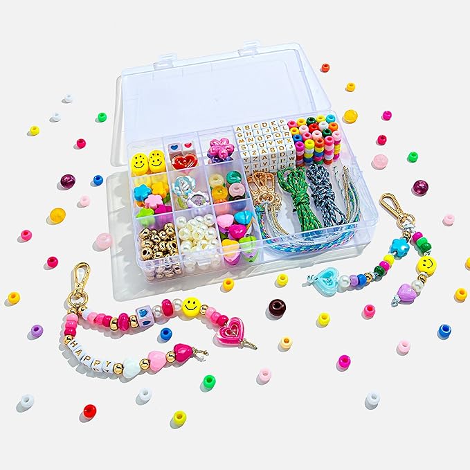 MYCUTEY 421Pcs DIY Keychain Making Kit - Beaded Keychain & Bag Charm Craft Supplies with Colorful Beads, Cords and Acrylic Heart Flower Charms for Kids, Personalized Alphabet A-Z Name Making Kit Gifts