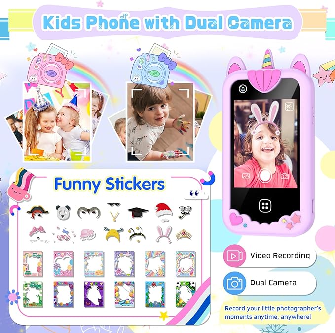 Kids Smart Phone for Girls, Kids Toys Cell Phone 2.8" Touchscreen Toddler Learning Play Toy Phone with Dual Camera, Game, Music Player, 8GB Card Birthday Gifts for Girls Boy Age 4-12 (Purple)