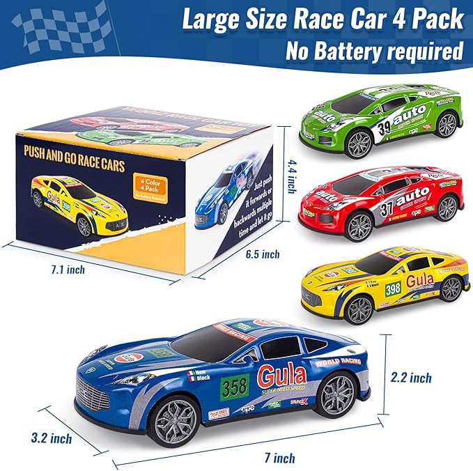 7 Inch Friction Powered Car Toys Set 4 Pack Push and Go Pull Back Race Trucks Toy Cars for Toddlers 3 4 5 6 Year Old Boys Girls Kids Birthday Gifts