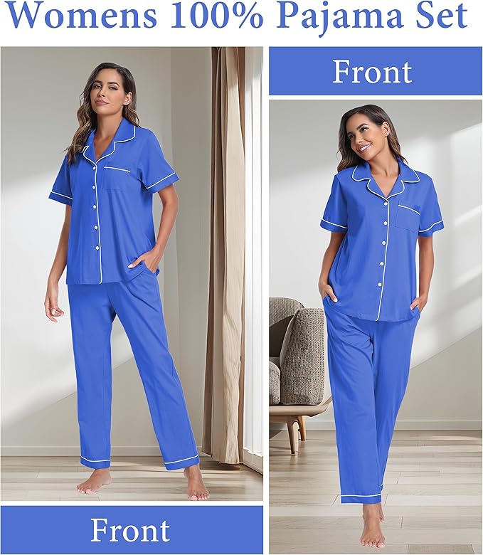 CF Womens 100% Cotton Pajamas Set Button Down Pjs Sets Short Sleeve Top & Long Pants Sleepwear Comfy Loungewear with Pockets