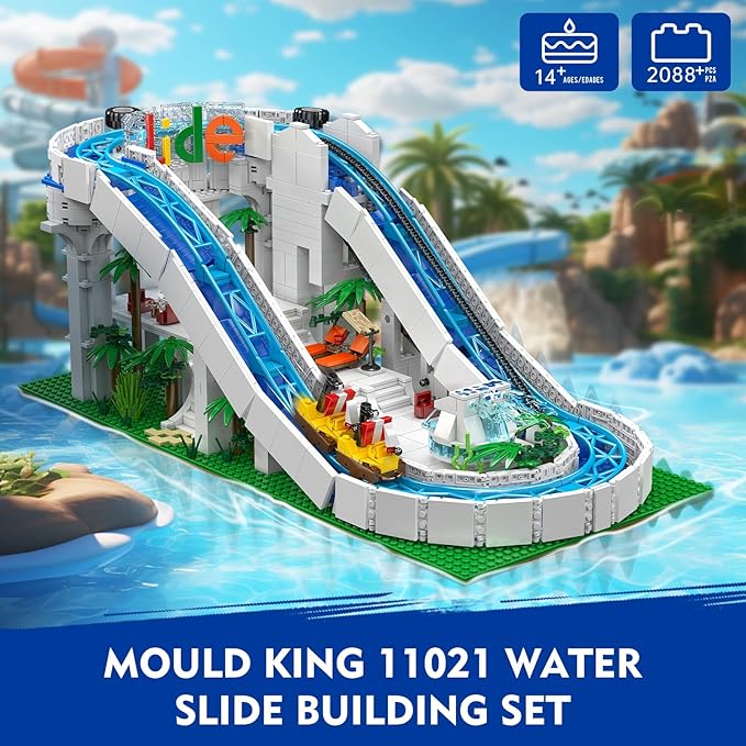 Mould King Water Slide Building Set, 2088+ Pcs Roller Coaster Model Kit That Run with Motor, City Water Park Construction Building Blocks Set, Home Decoration Gift for Teens, Adults