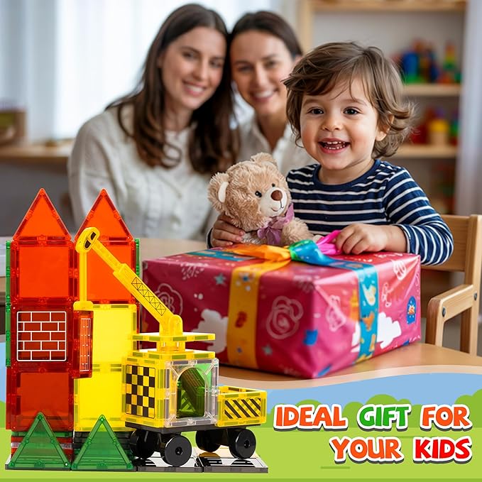 cossy Magnetic Tiles Road Set, Magnet Tiles with Mobile Crane, Magnetic Tiles for Kids Ages 4-8, STEM Toys, Magnet Blocks for Boys and Girls, Creative Building Toys, Engineering