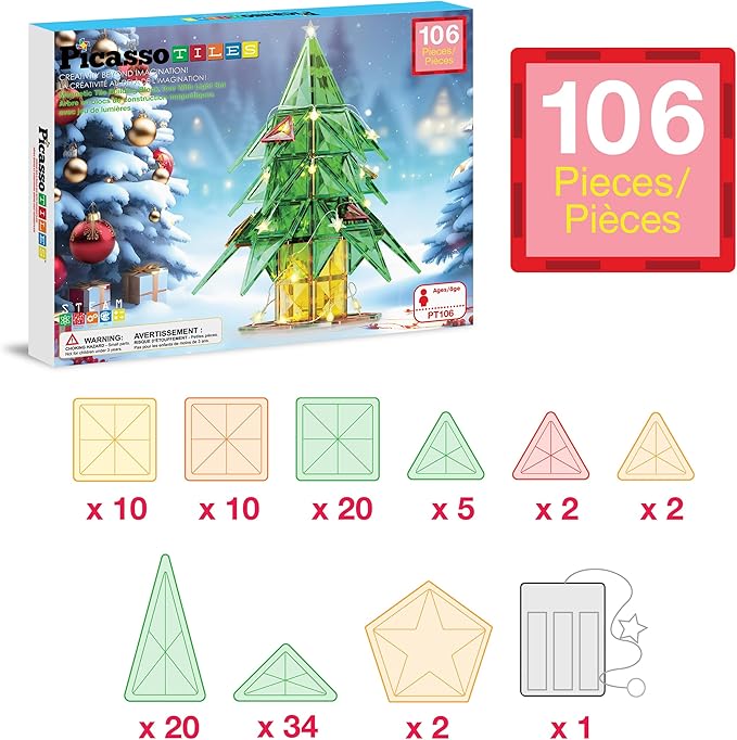 PicassoTiles 106pc Magnetic Tiles LED Light-Up Tree Toy Holiday STEM Toys for Kids Educational Magnet Building Blocks Gift for Toddlers Boys Girls Christmas Montessori Puzzle Play Set Ages 3+ PT106