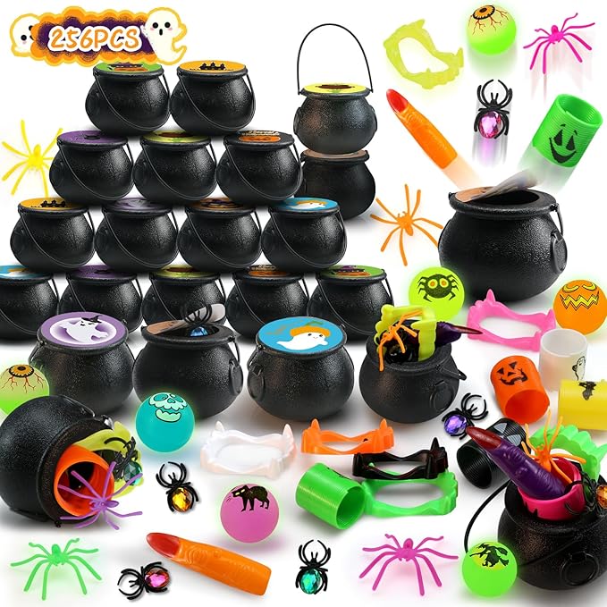 256 PCS Prefilled Halloween Party Favors Bulk for Kids, 32 Pack Prefilled Witch Cauldrons With Halloween Toys, Halloween Goodie Bag Fillers