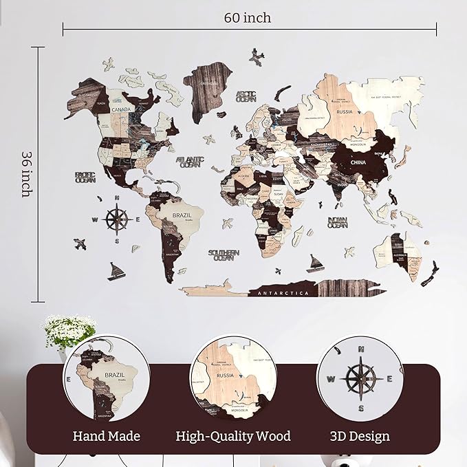 KPSKE 3D Wooden World Map for Wall - Wall Accent Map with Ocean Names, Boats, Compass and More - Wood Travel Map with 50 Pins (Mocha)