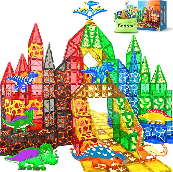 102PCS Dinosaur Toys Magnetic Tiles with 8 Dinosaurs for Kids 3-5 5-7, Jurassic Scenes Dinosaur World Set, Magnetic Blocks Kids Sensory Toys for Boys & Girls Ages 3+, Classroom Must Haves