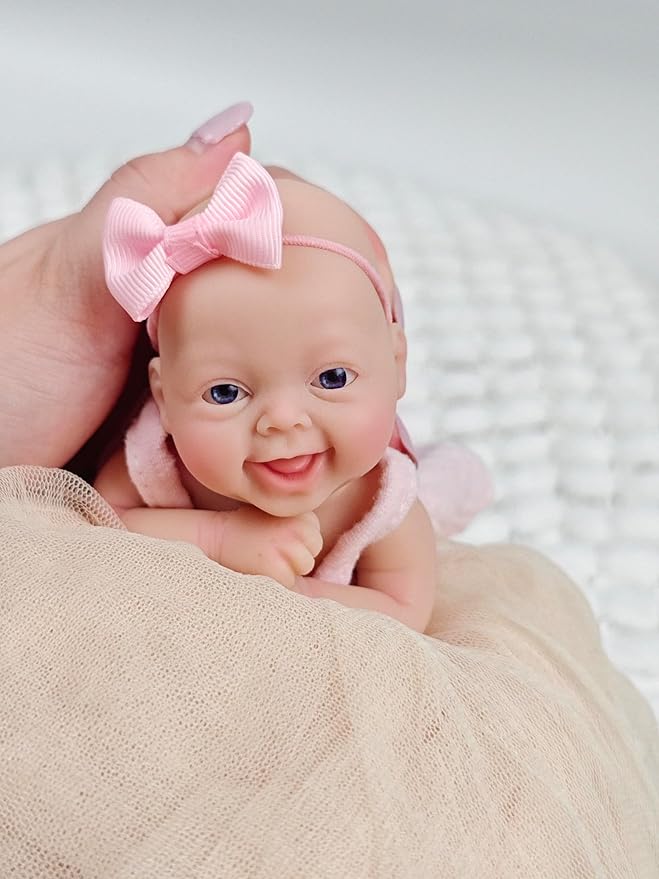 7" Reborn Babies Silicone Full Body Micro Realistic Newborn Doll Lifelike Eyes Open Smile Baby Girl Looking Real with Pink Dress Accessories for Kids Birthday Gift
