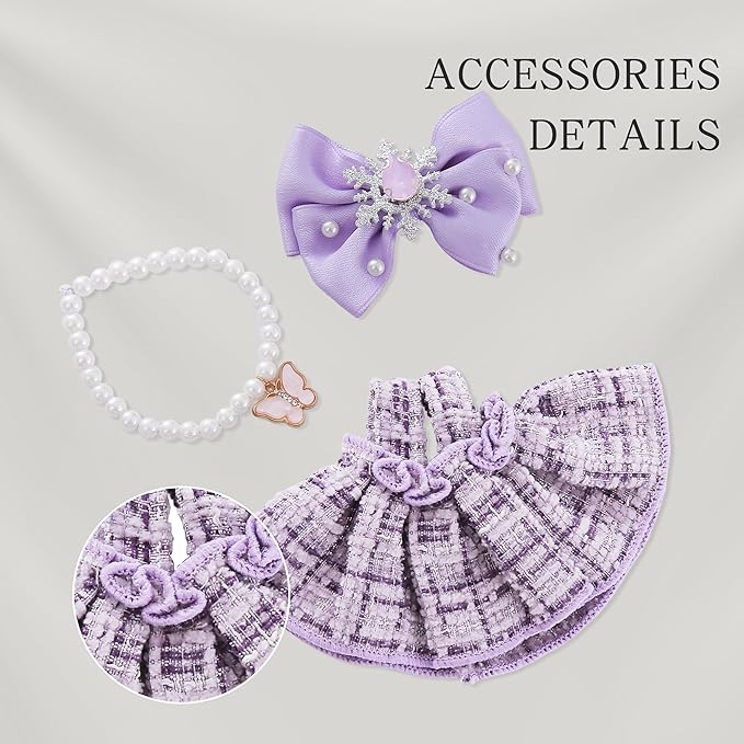 17cm Doll Clothes Set & Dolls Outfit 3-Piece Princess Clothes Set with Purple Dress Necklace and Bow Accessories for 17cm Plush Dolls, Clothes Only, No Doll Included (Purple A)