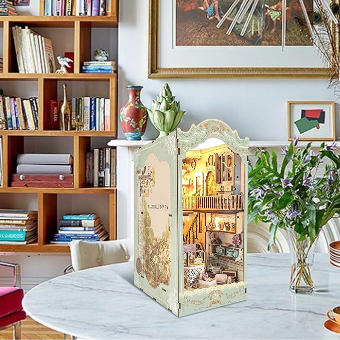 DIY Book Nook Kit,Dollhouse Booknook Bookshelf Insert Decor,3D Wooden Puzzles with LED Dust Cover,Book Nook Miniature Kit,Birthday Halloween Home Decor for Teens Adult-Countryside Diary
