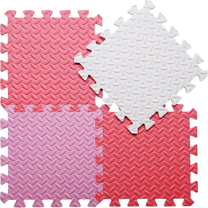 Foam Play Mat for Baby, 0.4 Inch Thick Foam Interlocking Floor Mats, Soft Non-Toxic Baby Playmat, Solid Colored Puzzle Play Mat Kids Floor Mats, 16 Tiles, White/Pink/Red