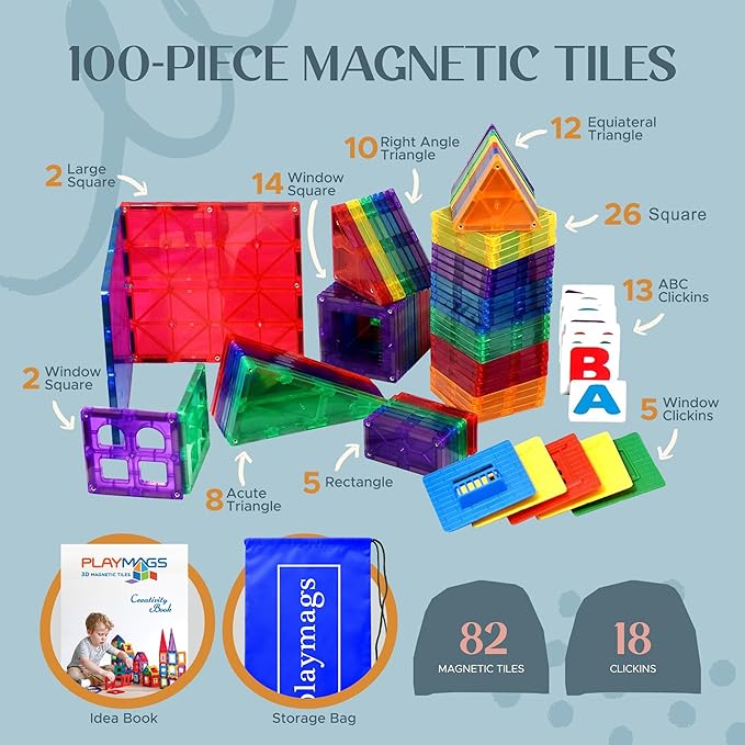 Playmags Magnetic Tiles for Kids – 100pcs Magnet Building Set for Toddlers Ages 1-5 | Stem Montessori Toy for 2 3 4 Year Old Boys & Girls | Toys for Toddlers, Preschool & Middle School Children