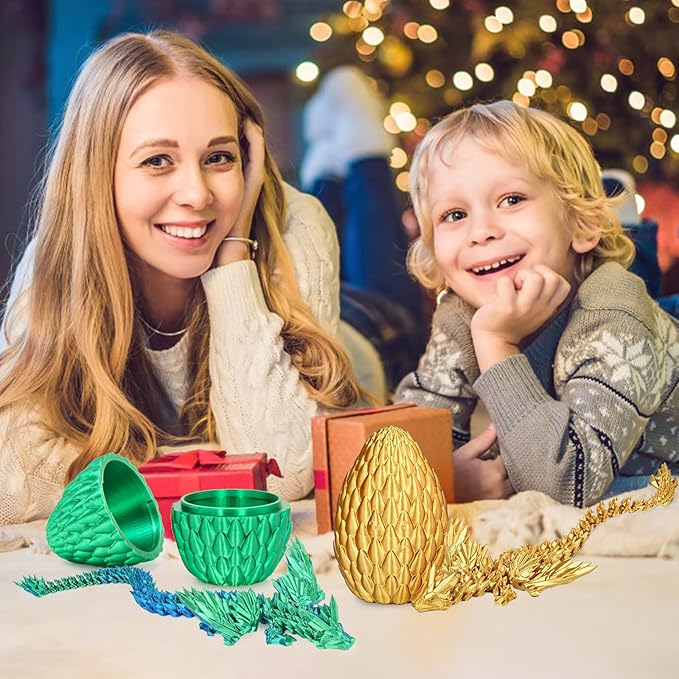 3D Printed Dragon Eggs with Articulated Fly Dragon Inside, Collectible Figurines Fidget Toy for Adults Kids Birthday Easter Christmas White Elephant Gifts for Friends Colleagues(Silk Green, L size)