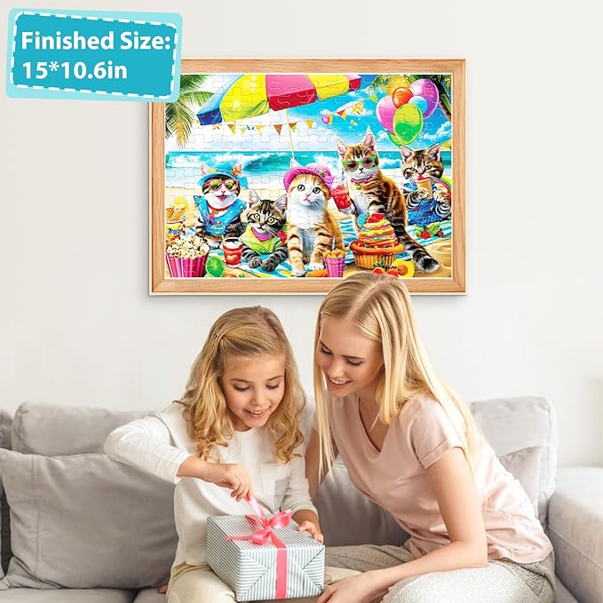Puzzles for Kids Ages 4-8 6-8 8-10 Year Old and Seniors - Funny Cats Puzzle Beach Kitten Jigsaw Puzzles, 100 Piece Puzzle for Toddler Children Learning Educational Puzzles Toys for Boys and Girls