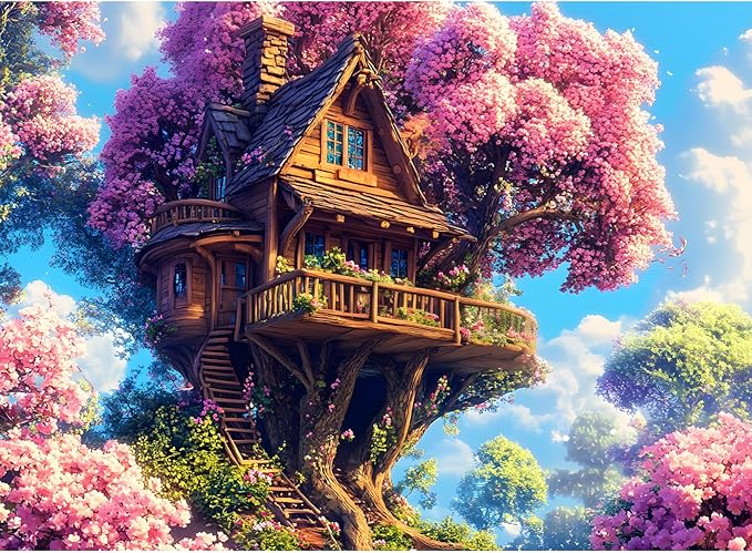 500 Piece Puzzle for Adults Puzzle, Pink Tree House Jigsaw Puzzle 500 Pieces, Colorful Flower Jigsaw Puzzles for Adults Seniors, Challenging Family Games Holiday Party Gifts 20.5×15 in