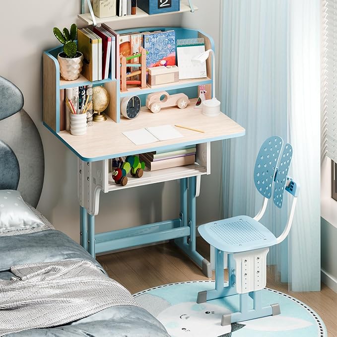 2025 NEW Kid's Study Desk and Chair Set, Ergonomic Height Adjustable Children Study Desk with Tilt Desktop, Book Stand, Light, Metal Hook and Storage Drawer,Gift for Boys Girls (Blue 70cm no lean)
