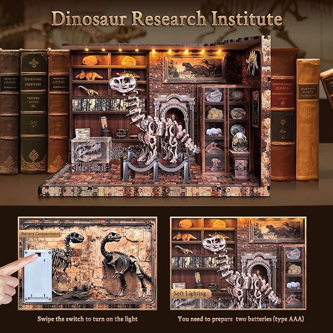 Book Nook Kit, DIY Miniature Dollhouse Booknook Kit for Adults and Teens, 3D Wooden Puzzle Bookshelf Crafts Kits with LED Light for Family and Friends (Dinosaur Research Institute)