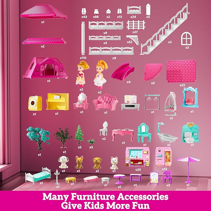 Villa Playset for Girls Ages 3-7, Indoor Playset Girls Toys for Ages 6-8 with 4 Storeys 18 Rooms 4 Dolls, Furniture and Accessories, Pretend Toddler Toy, Birthday Gifts for Kids 3 4 5 6 7 8