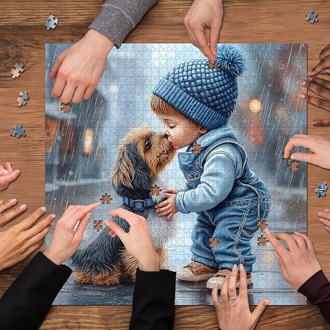 Cute Dog Puzzles for Adults 1000 Pieces, PICKFORU Friendly Kiss Love Hearts Jigsaw Puzzle, Impossible Difficult Rainy Puppy Theme as Home Decor