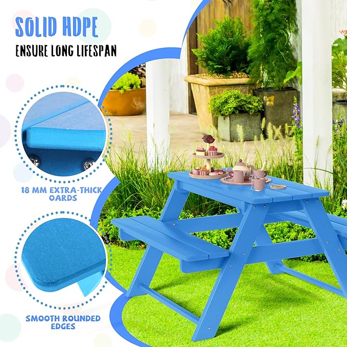 Costaelm Kids Picnic Table, HDPE All Weather Outdoor Toddler Picnic Table and Chair Set Kids Bench for Patio, Backyard, Garden, Lawn, Pacific Blue