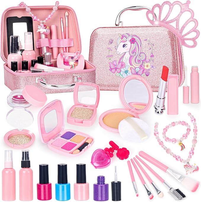 Pretend Makeup for Toddlers, Kids Pretend Makeup Kit for Girls Fake Makeup Toys with Cosmetic Bag, Play Makeup for Little Girls Age 3 4 5 6 7 Christmas Birthday Gifts Toys (Fake Makeup)