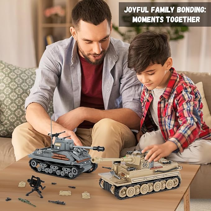 2-in-1 Army Tank Toy Building Set, Includes German Tiger and American Sherman Models, Compatible with Lego Army Sets, Military Building Blocks Set for Kids 8-14 (1184 Pieces)