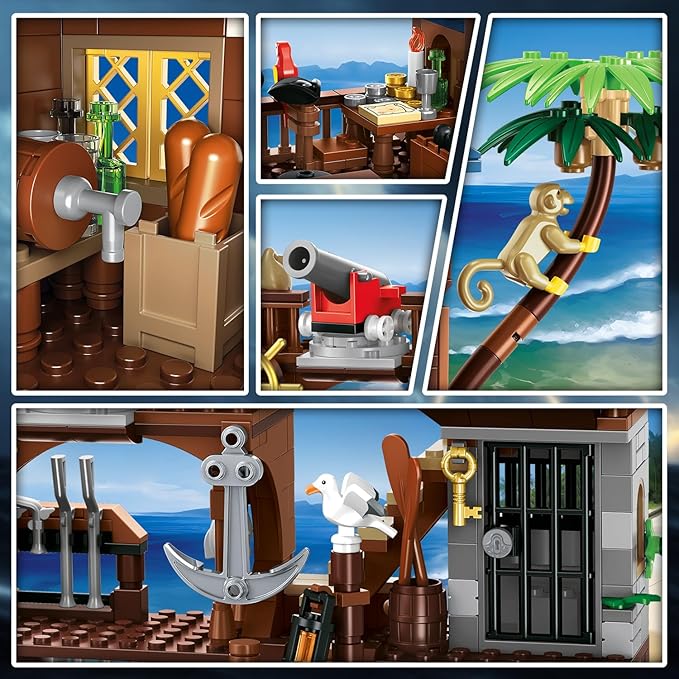 3 Style Pirate Ship Wharf Building Set with LED Light - 781PCS Medieval Pirate's House Building Block Toy, Architecture Bricks Kit for Kids Girls Boys Ages 6-12+ Birthday Gifts