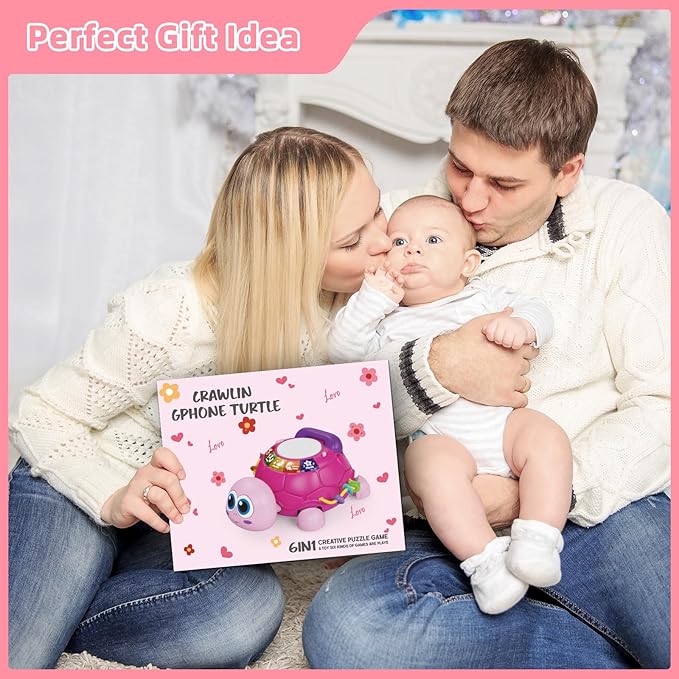 Hanayo Baby Musical Turtle Crawling Girl Toys for 6-18 Months，Infant Early Learning Educational Toy，Baby Girl Gift Essentials for Newborn 7 8 9 11+ Months 1-2 Year Old(Pink)