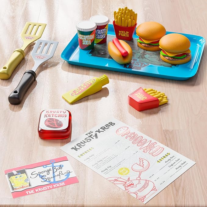 Spongebob Kids Kitchen Playset - Interactive Play Food with 2 Krabby Patty Burgers, Seafoam Shake, Kelp Fries, Spongebob Toys Kitchen Set for Kids Ages 3-5 Includes Velcro Dots