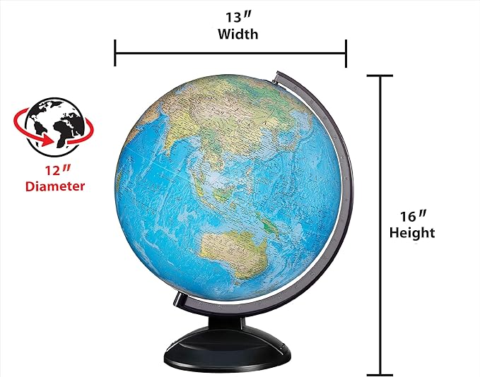 Replogle Ready to Assemble Illuminated World 12" Diameter Globe, USA Cartography, Modern Acrylic Stand and Blue Ocean Globe Ball. Easy to assemble globe that shows both Political and Vegetative information including political borders and provincial bor...