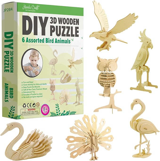 Hands Craft DIY 3D Wooden Puzzle – 6 Assorted Bird Animals Bundle Pack Set Brain Teaser Puzzles Educational STEM Toy Adults and Kids to Build Safe and Non-Toxic Easy Punch Out Premium Wood JP2B4