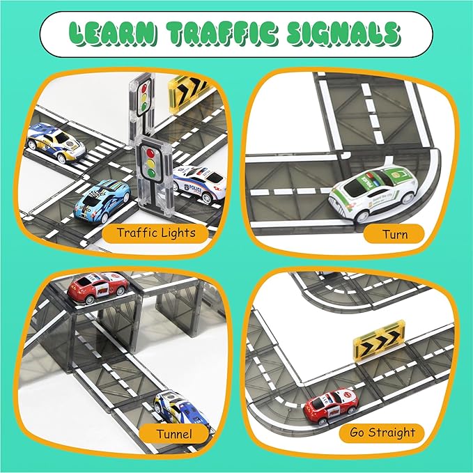 Magnetic Tiles Road Set with Pullback Car, Magnetic Tiles for Kids Ages 3-5 4-8, Magnet Building Tile for Toddler Kids Boys Girls, Creative STEM Building Toy & Learning Educational Magnet Toys