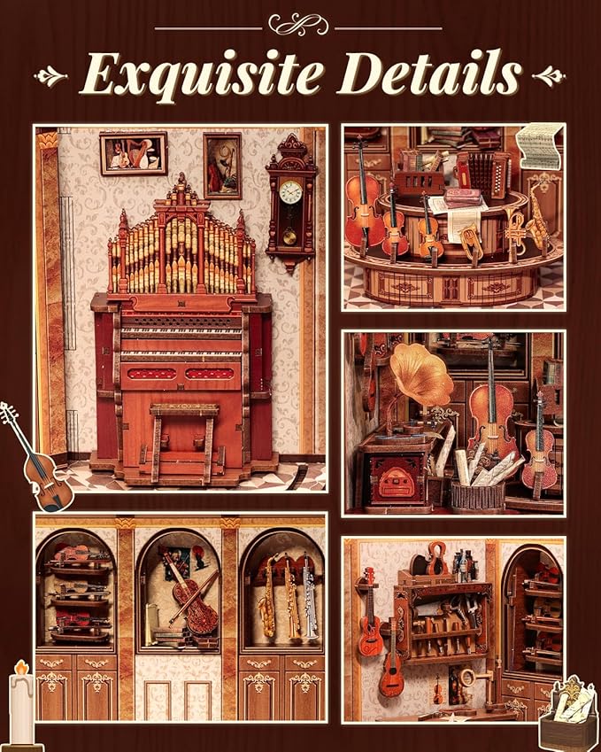 Book Nook Kit, 3D Wooden PuzzleDIY Miniature House Kits for Adult and Teens, Tiny House Building Kit Booknook Bookshelf Decor, DIY Craft Gifts for Family and Friends & Music Lovers (Bach Strings)